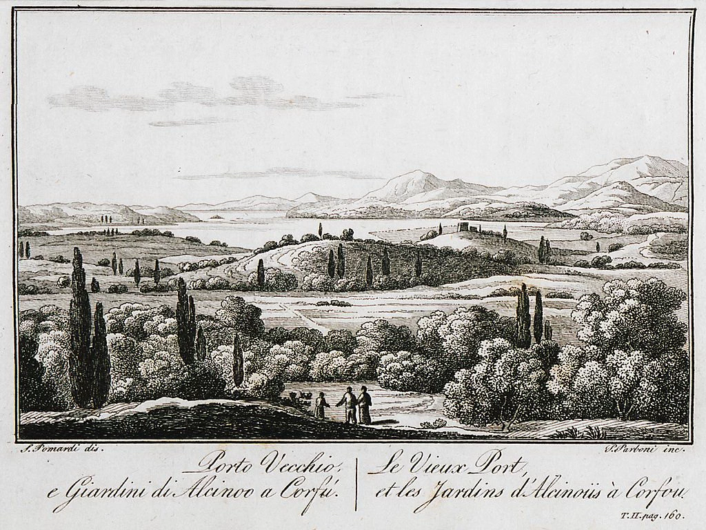 Incisione da - Viaggio nella Grecia fatto negli anni 1804, 1805 e 1806, porto vecchio e giardini di Alcinoo a Corfù